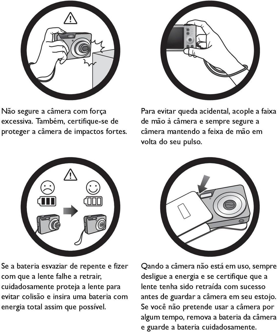 Se a bateria esvaziar de repente e fizer com que a lente falhe a retrair, cuidadosamente proteja a lente para evitar colisão e insira uma bateria com energia total assim