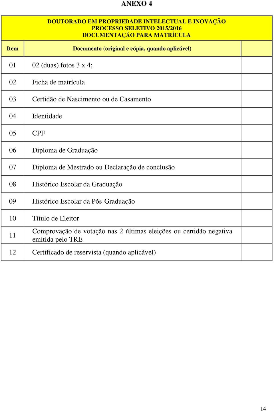 Diploma de Graduação 07 Diploma de Mestrado ou Declaração de conclusão 08 Histórico Escolar da Graduação 09 Histórico Escolar da Pós-Graduação