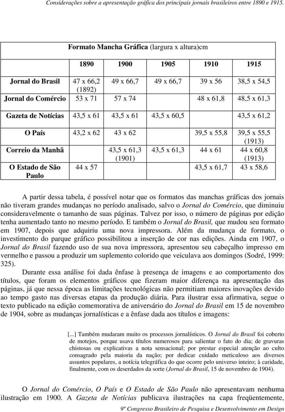 Estado de São Paulo 44 x 57 43,5 x 61,7 43 x 58,6 A partir dessa tabela, é possível notar que os formatos das manchas gráficas dos jornais não tiveram grandes mudanças no período analisado, salvo o