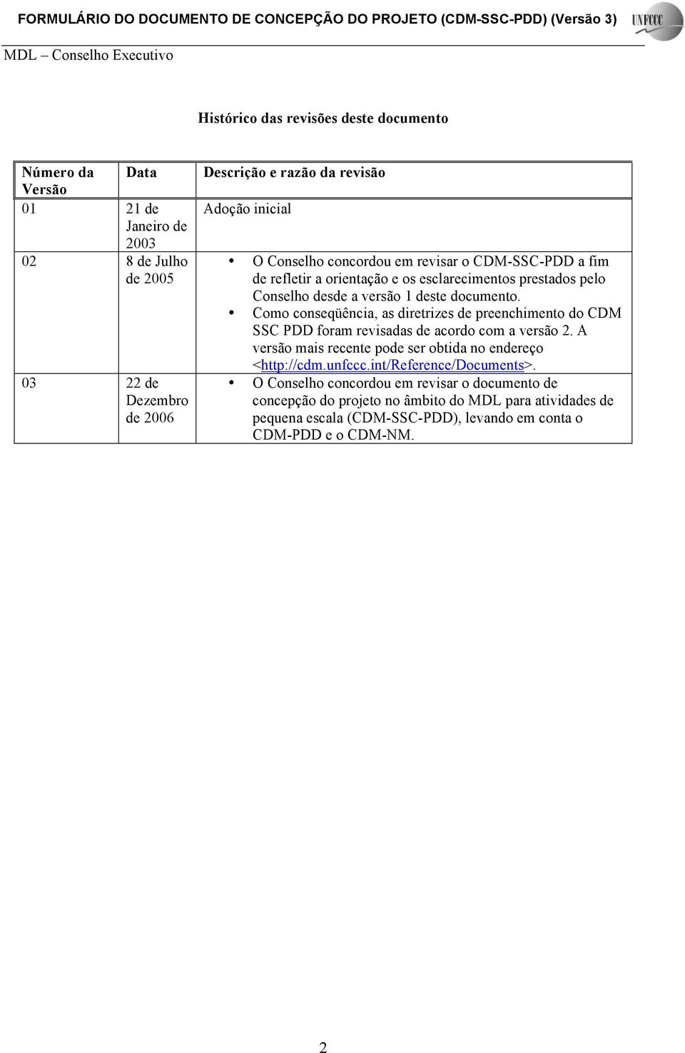 Como conseqüência, as diretrizes de preenchimento do CDM SSC PDD foram revisadas de acordo com a versão 2. A versão mais recente pode ser obtida no endereço <http://cdm.unfccc.