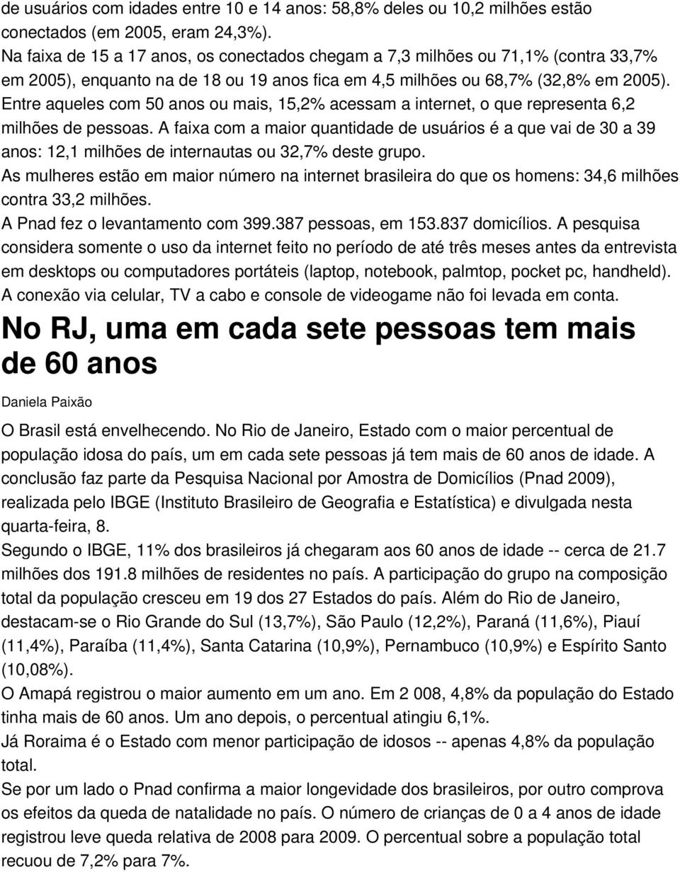 Entre aqueles com 50 anos ou mais, 15,2% acessam a internet, o que representa 6,2 milhões de pessoas.