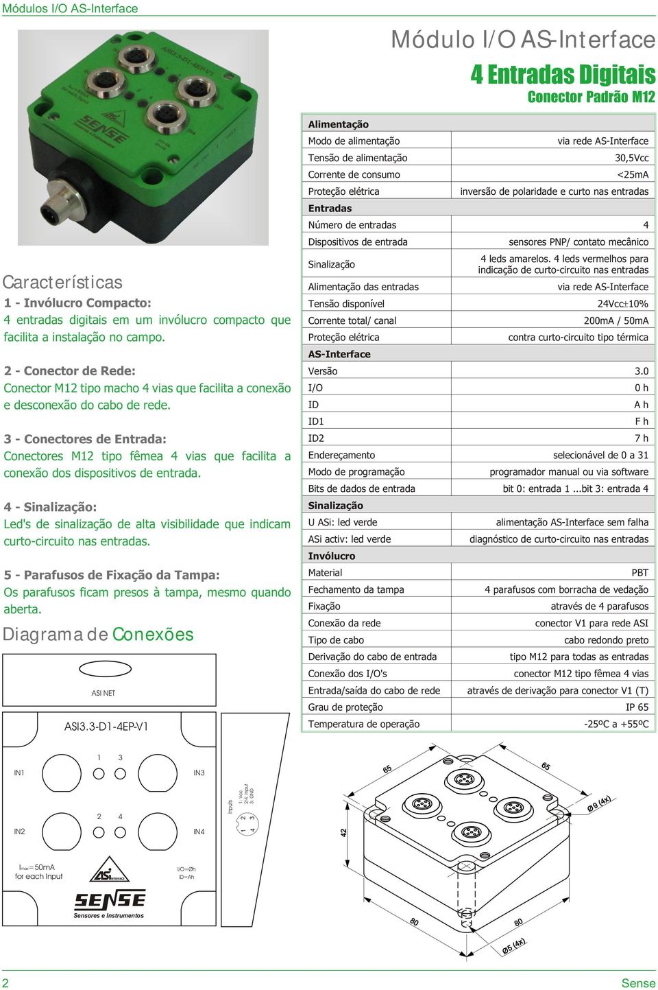 3-D-4EP-V Modo de alimentação Entradas Módulo 4 Entradas Digitais 30,5Vcc <25mA inversão de polaridade e curto nas entradas Número de entradas 4 Dispositivos de entrada das entradas Tensão disponível