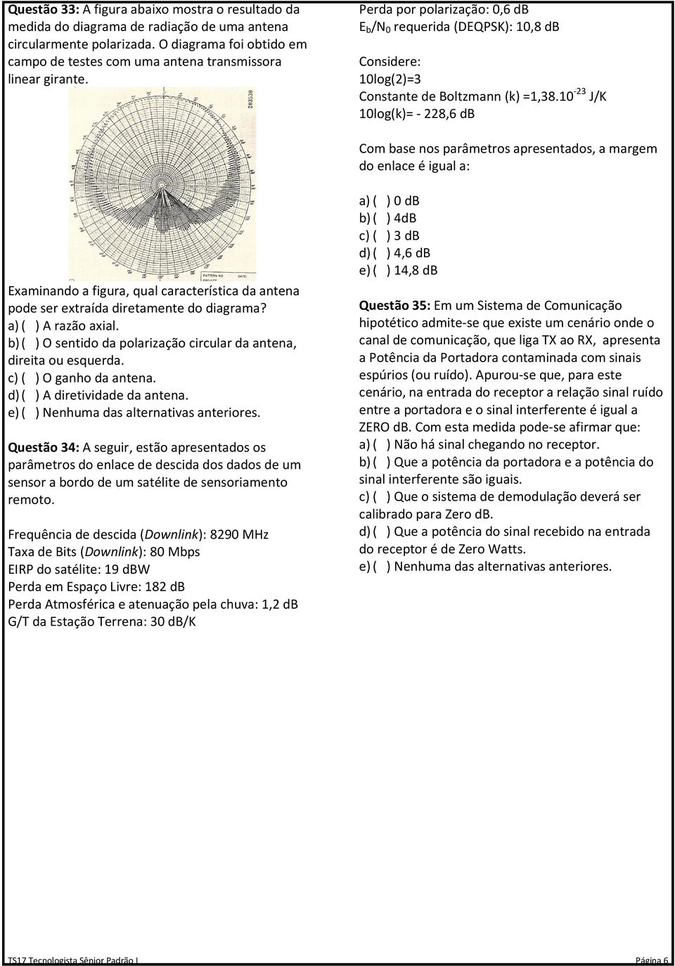 Perda por polarização: 0,6 db E b /N 0 requerida (DEQPSK): 10,8 db Considere: 10log(2)=3 Constante de Boltzmann (k) =1,38.