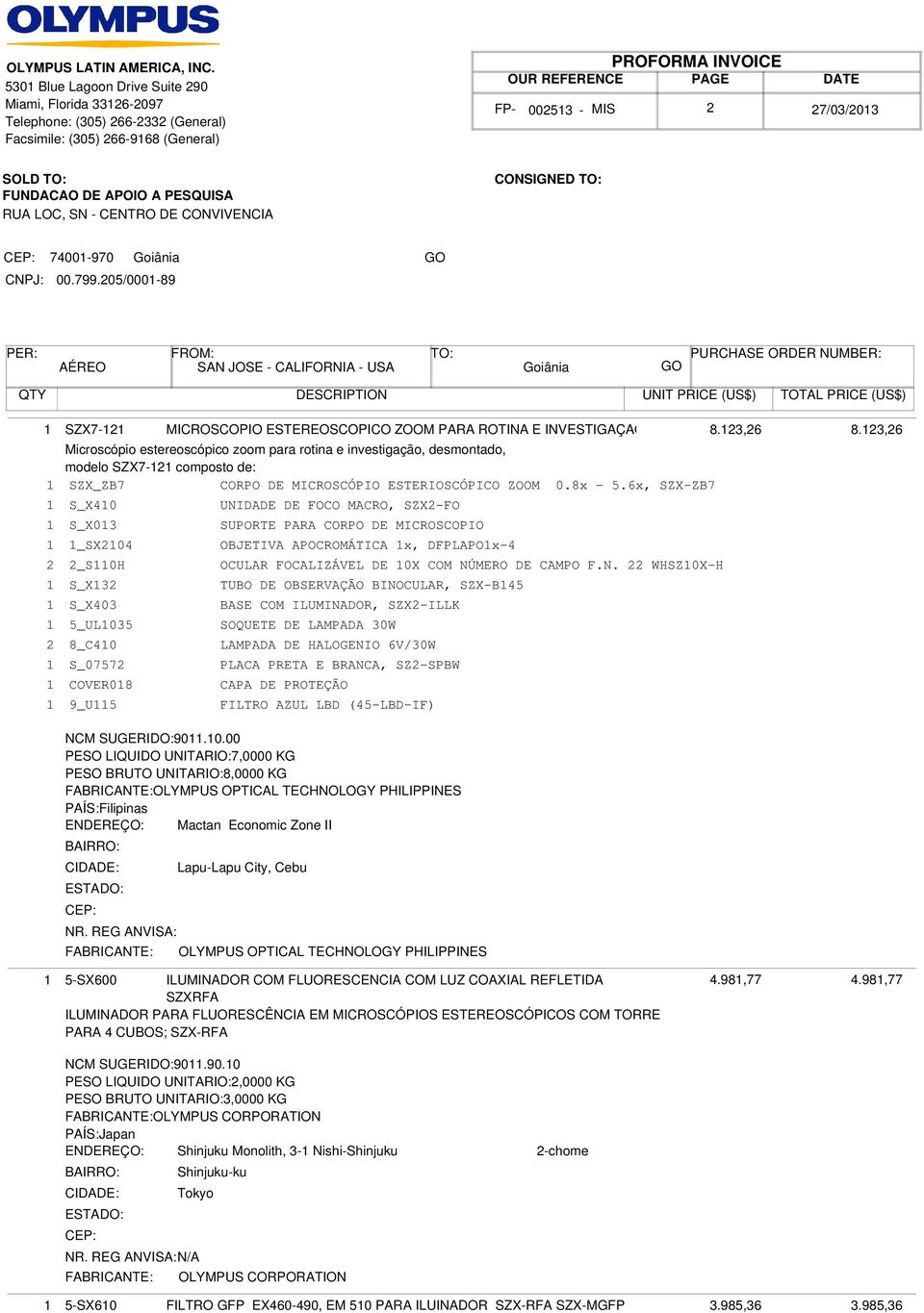 123,26 Microscópio estereoscópico zoom para rotina e investigação, desmontado, modelo SZX7121 composto de: 1 SZX_ZB7 CORPO DE MICROSCÓPIO ESTERIOSCÓPICO ZOOM 0.8x 5.