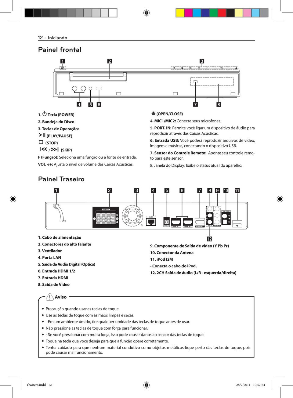 IN: Permite você ligar um dispositivo de áudio para reproduzir através das Caixas Acústicas. 6. Entrada USB: Você poderá reproduzir arquivos de vídeo, imagem e músicas, conectando o dispositivo USB.