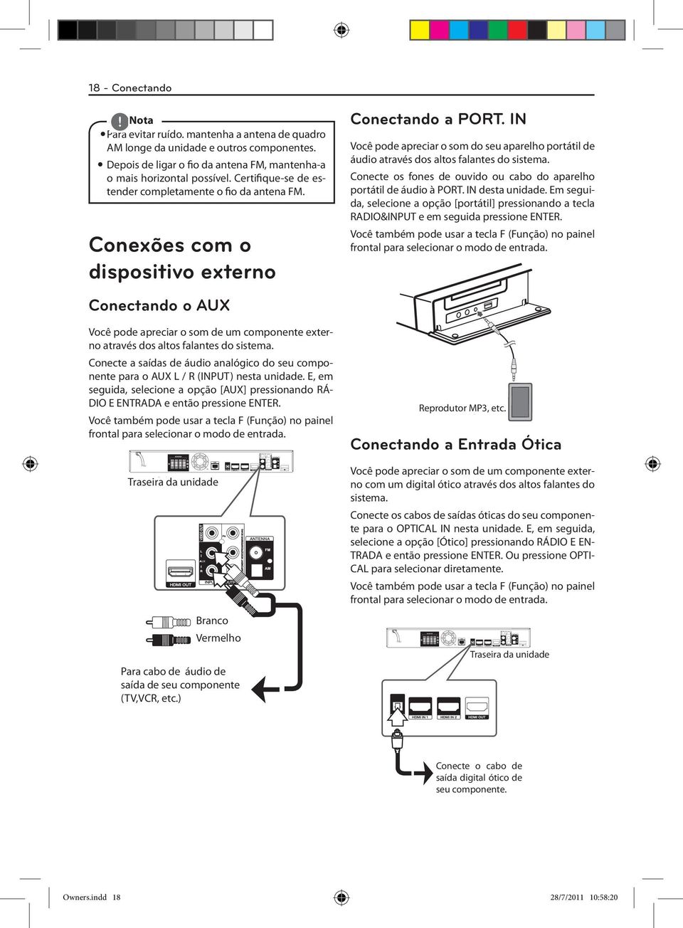 Conecte a saídas de áudio analógico do seu componente para o AUX L / R (INPUT) nesta unidade. E, em seguida, selecione a opção [AUX] pressionando RÁ- DIO E ENTRADA e então pressione ENTER.