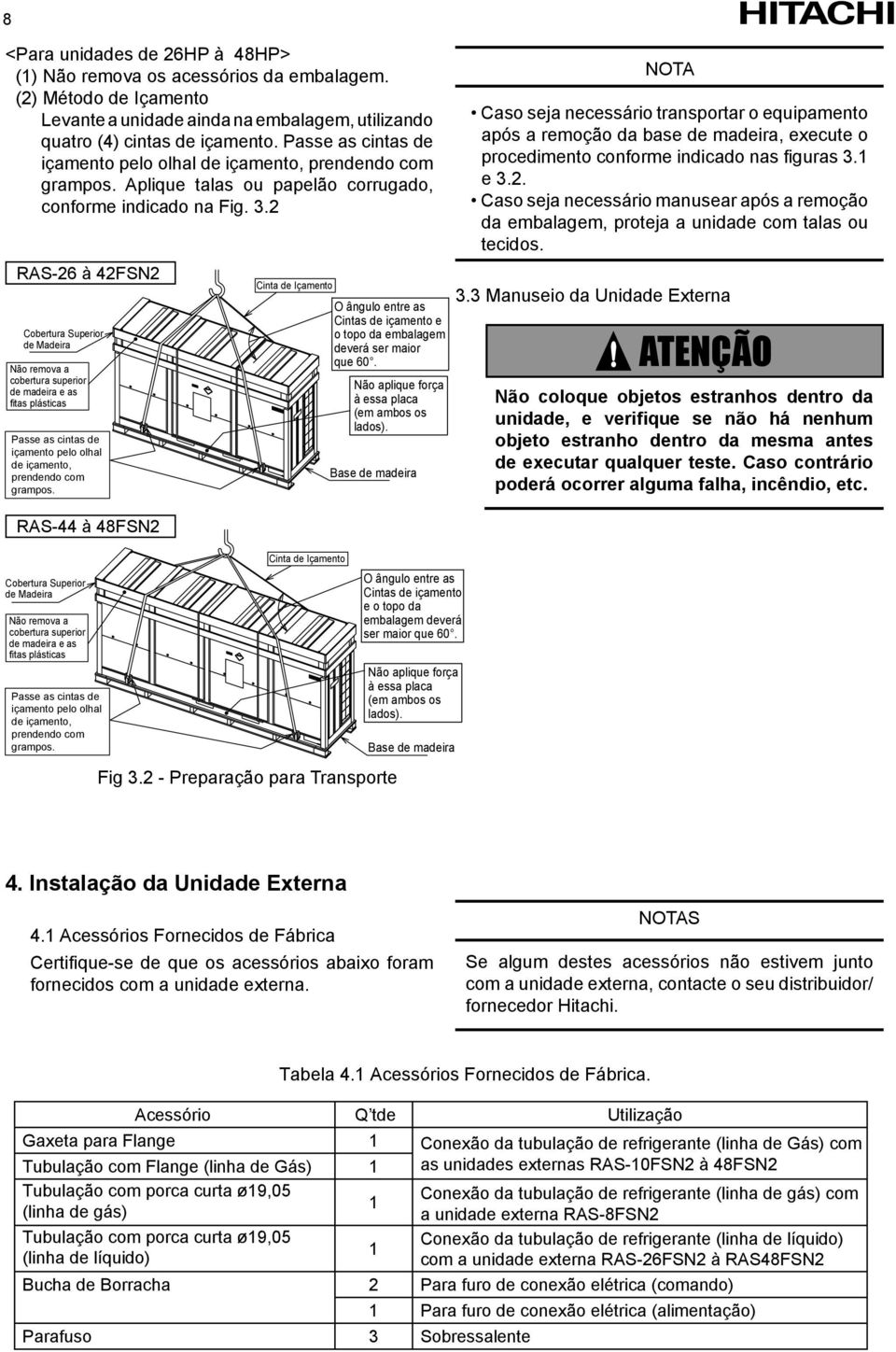 2 RAS-26 à 42FSN2 Cobertura Superior de Madeira Não remova a cobertura superior de madeira e as fitas plásticas Passe as cintas de içamento pelo olhal de içamento, prendendo com grampos.