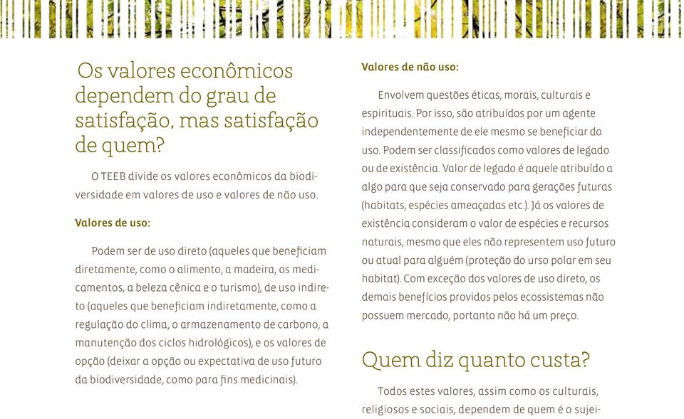 indiretamente, como a regulação do clima, o armazenamento de carbono, a manutenção dos ciclos hidrológicos), e os valores de opção (deixar a opção ou expectativa de uso futuro da biodiversidade, como