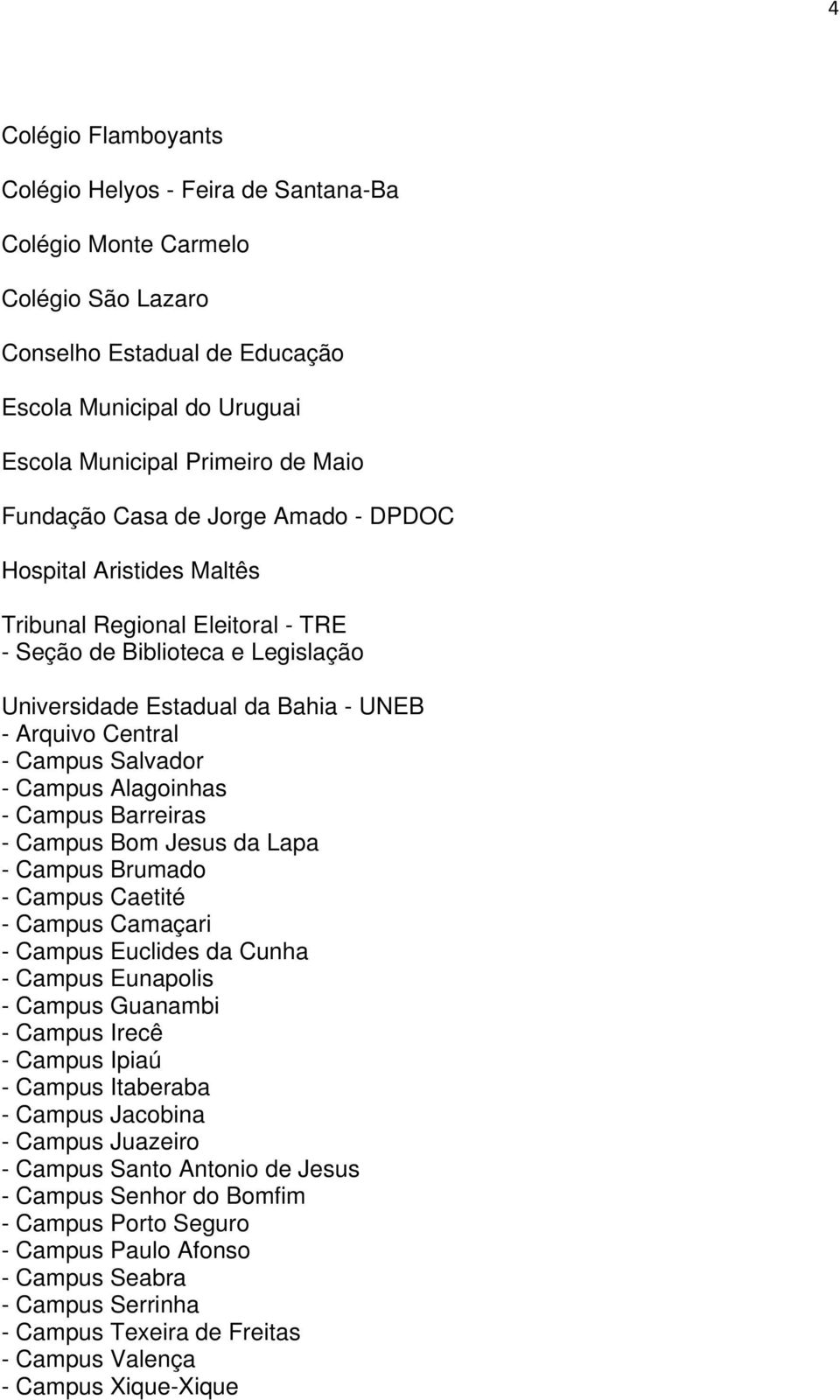 Salvador - Campus Alagoinhas - Campus Barreiras - Campus Bom Jesus da Lapa - Campus Brumado - Campus Caetité - Campus Camaçari - Campus Euclides da Cunha - Campus Eunapolis - Campus Guanambi - Campus