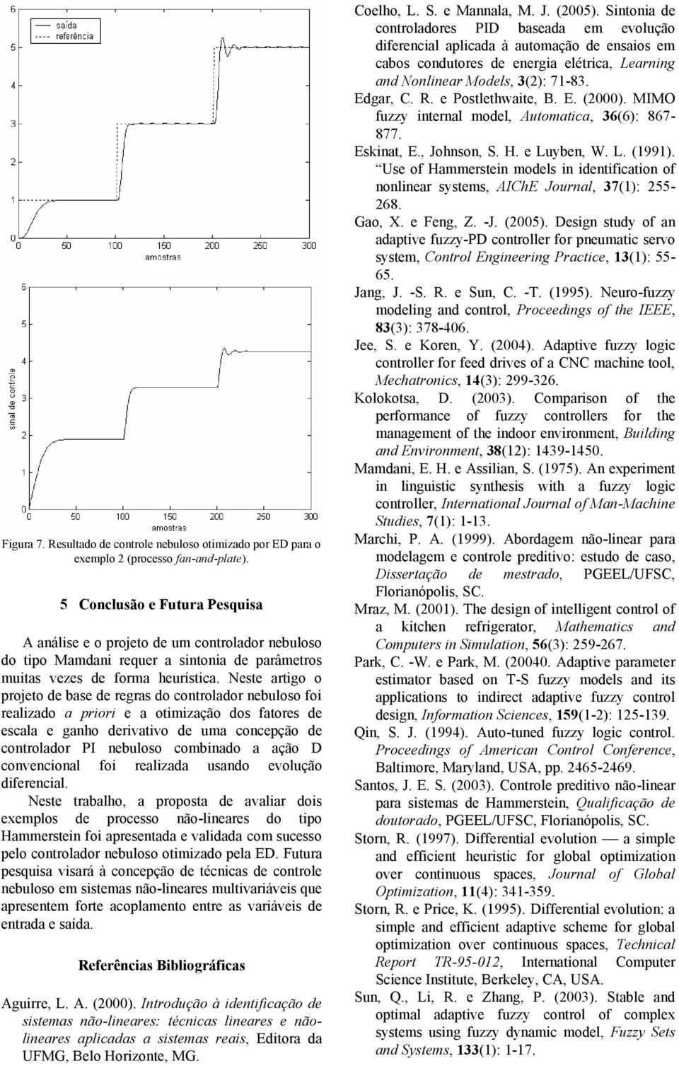 Neste artigo o projeto de base de regras do controlador nebuloso foi realizado a priori e a otimização dos fatores de escala e ganho derivativo de uma concepção de controlador PI nebuloso combinado a