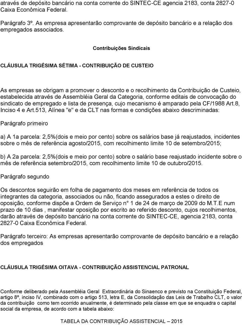 Contribuições Sindicais CLÁUSULA TRIGÉSIMA SÉTIMA - CONTRIBUIÇÃO DE CUSTEIO As empresas se obrigam a promover o desconto e o recolhimento da Contribuição de Custeio, estabelecida através de