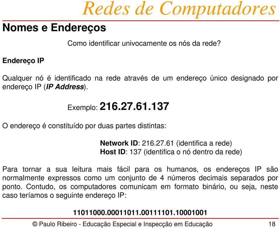 137 O endereço é constituído por duas partes distintas: Network ID: 216.27.