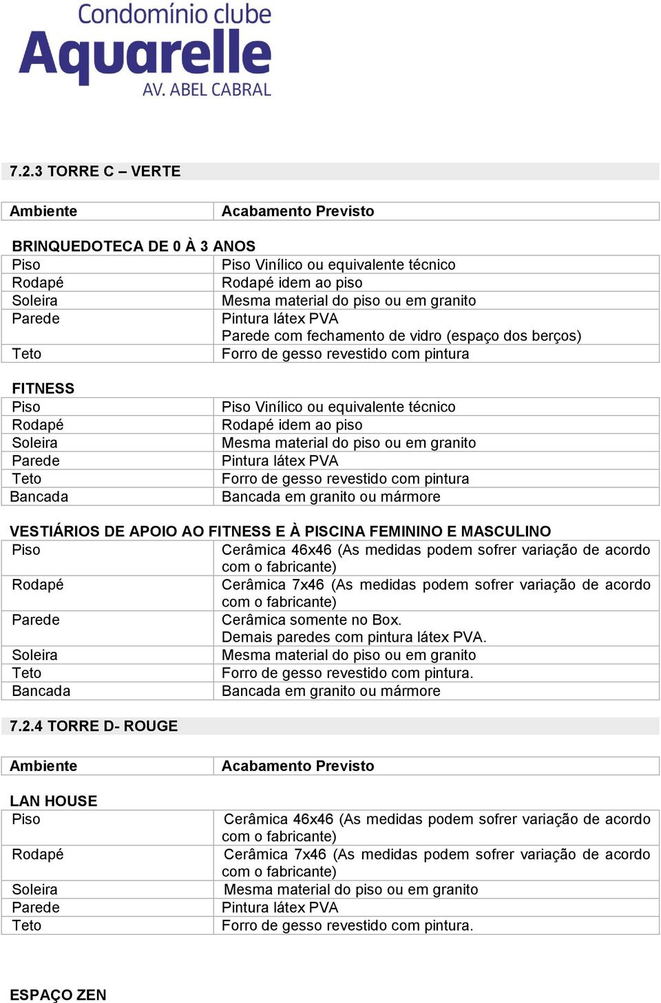 granito ou mármore VESTIÁRIOS DE APOIO AO FITNESS E À PISCINA FEMININO E MASCULINO Cerâmica somente