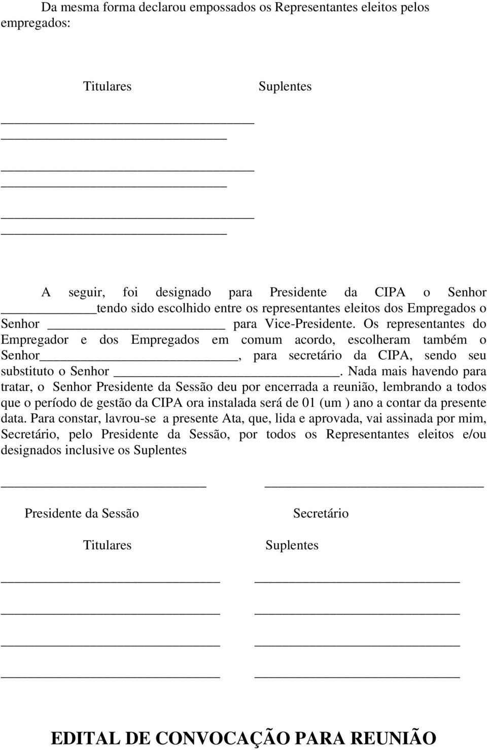 Os representantes do Empregador e dos Empregados em comum acordo, escolheram também o Senhor, para secretário da CIPA, sendo seu substituto o Senhor _.