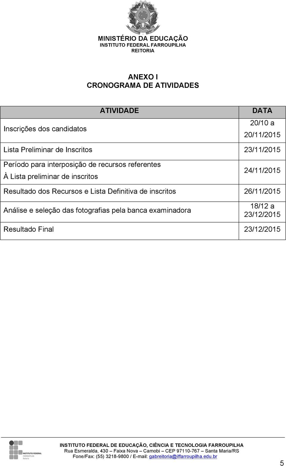 preliminar de inscritos 24/11/2015 Resultado dos Recursos e Lista Definitiva de inscritos