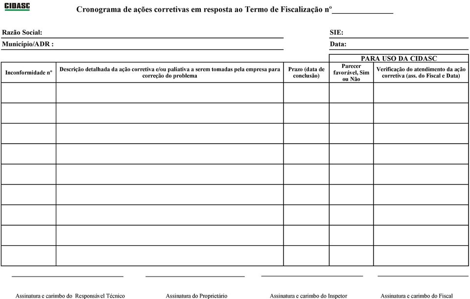 conclusão) Parecer favorável, Sim ou Não PARA USO DA CIDASC Verificação do atendimento da ação corretiva (ass.