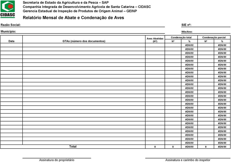 Condenação de Aves Razão Social: Município: Data GTAs (número dos documentos) Aves Abatidas (Nº) SIE nº: