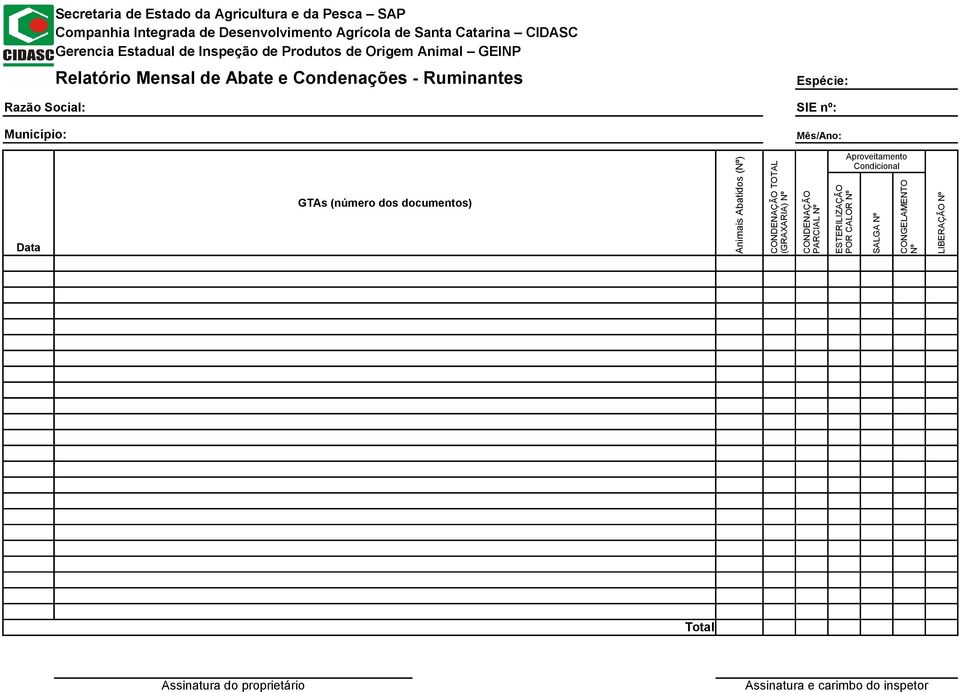 Espécie: SIE nº: Mês/Ano: Data GTAs (número dos documentos) Animais Abatidos (Nº) CONDENAÇÃO TOTAL (GRAXARIA) Nº CONDENAÇÃO PARCIAL Nº