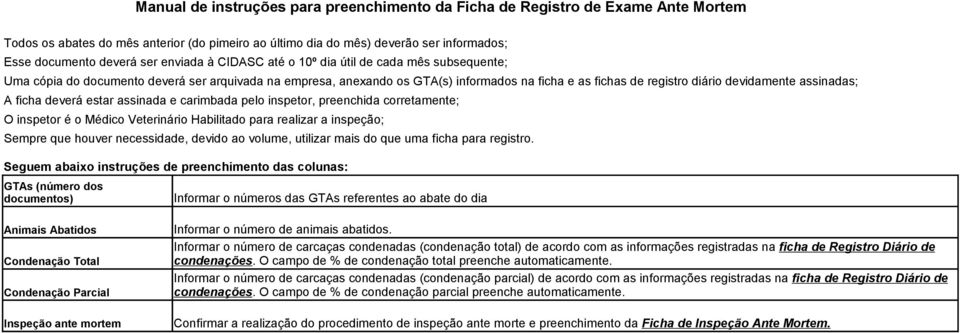 assinadas; A ficha deverá estar assinada e carimbada pelo inspetor, preenchida corretamente; O inspetor é o Médico Veterinário Habilitado para realizar a inspeção; Sempre que houver necessidade,