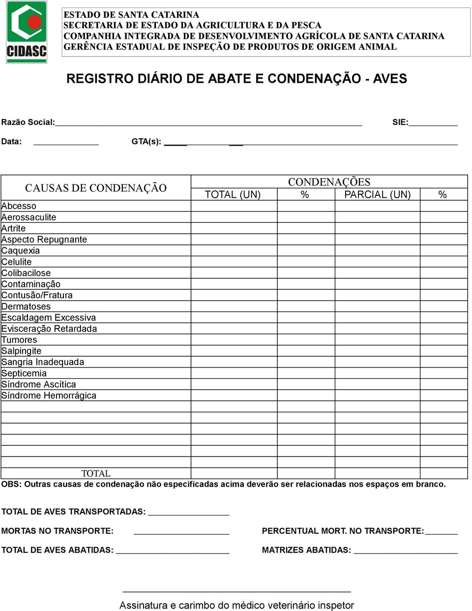 Síndrome Ascítica Síndrome Hemorrágica CONDENAÇÕES TOTAL (UN) % PARCIAL (UN) % TOTAL OBS: Outras causas de condenação não especificadas acima deverão ser relacionadas nos espaços em