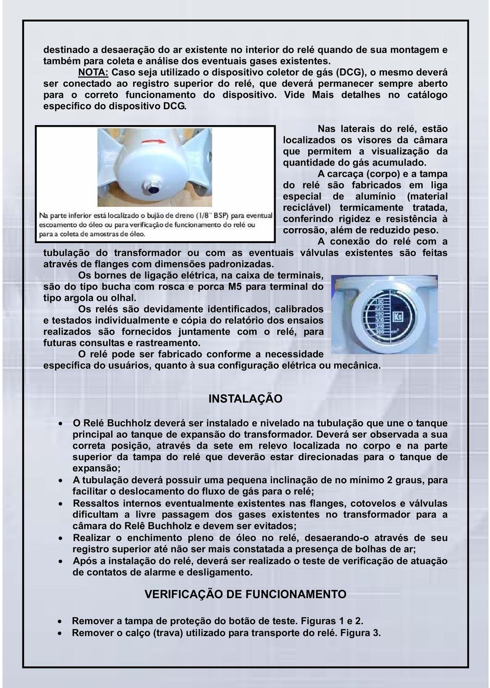 dispositivo. Vide Mais detalhes no catálogo específico do dispositivo DCG. Nas laterais do relé, estão localizados os visores da câmara que permitem a visualização da quantidade do gás acumulado.