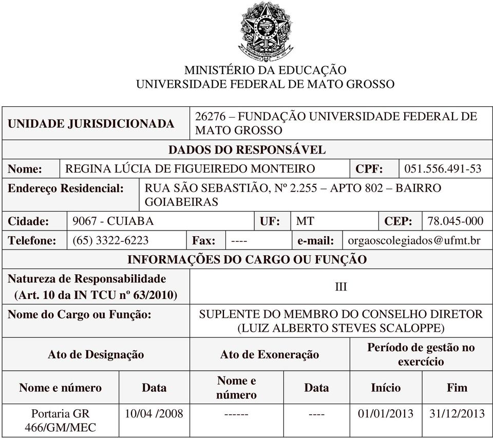 045-000 Telefone: (65) 3322-6223 Fax: ---- e-mail: orgaoscolegiados@ufmt.br Natureza de Responsabilidade (Art.