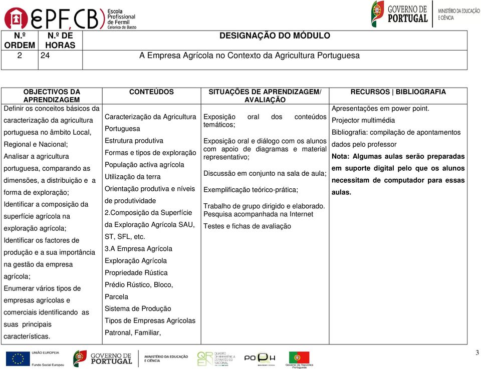 no âmbito Local, Regional e Nacional; Analisar a agricultura portuguesa, comparando as dimensões, a distribuição e a forma de exploração; Identificar a composição da superfície agrícola na exploração