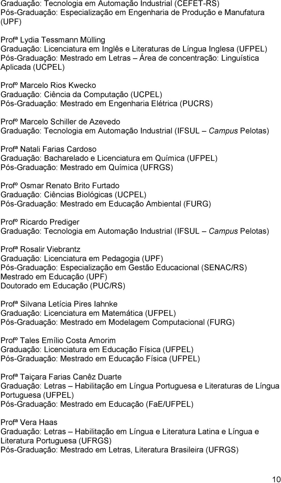 Pós-Graduação: Mestrado em Engenharia Elétrica (PUCRS) Profº Marcelo Schiller de Azevedo Graduação: Tecnologia em Automação Industrial (IFSUL Campus Pelotas) Profª Natali Farias Cardoso Graduação: