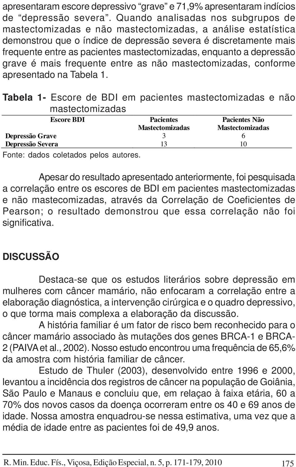 mastectomizadas, enquanto a depressão grave é mais frequente entre as não mastectomizadas, conforme apresentado na Tabela 1.