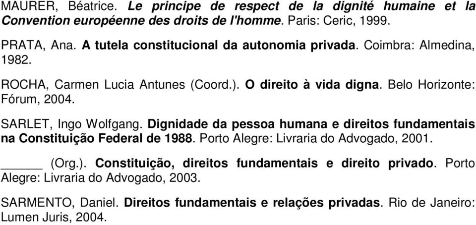SARLET, Ingo Wolfgang. Dignidade da pessoa humana e direitos fundamentais na Constituição Federal de 1988. Porto Alegre: Livraria do Advogado, 2001. (Org.).
