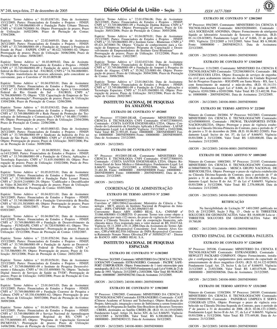 01; Data de Assinatura: 15/12/2005; Partes: Financiadora de Estudos e Projetos - FINEP; CNPJ n.º.749.086/0001-09 e Fundação Padre Urbano Thiesen; CNPJ n.º 9.849.