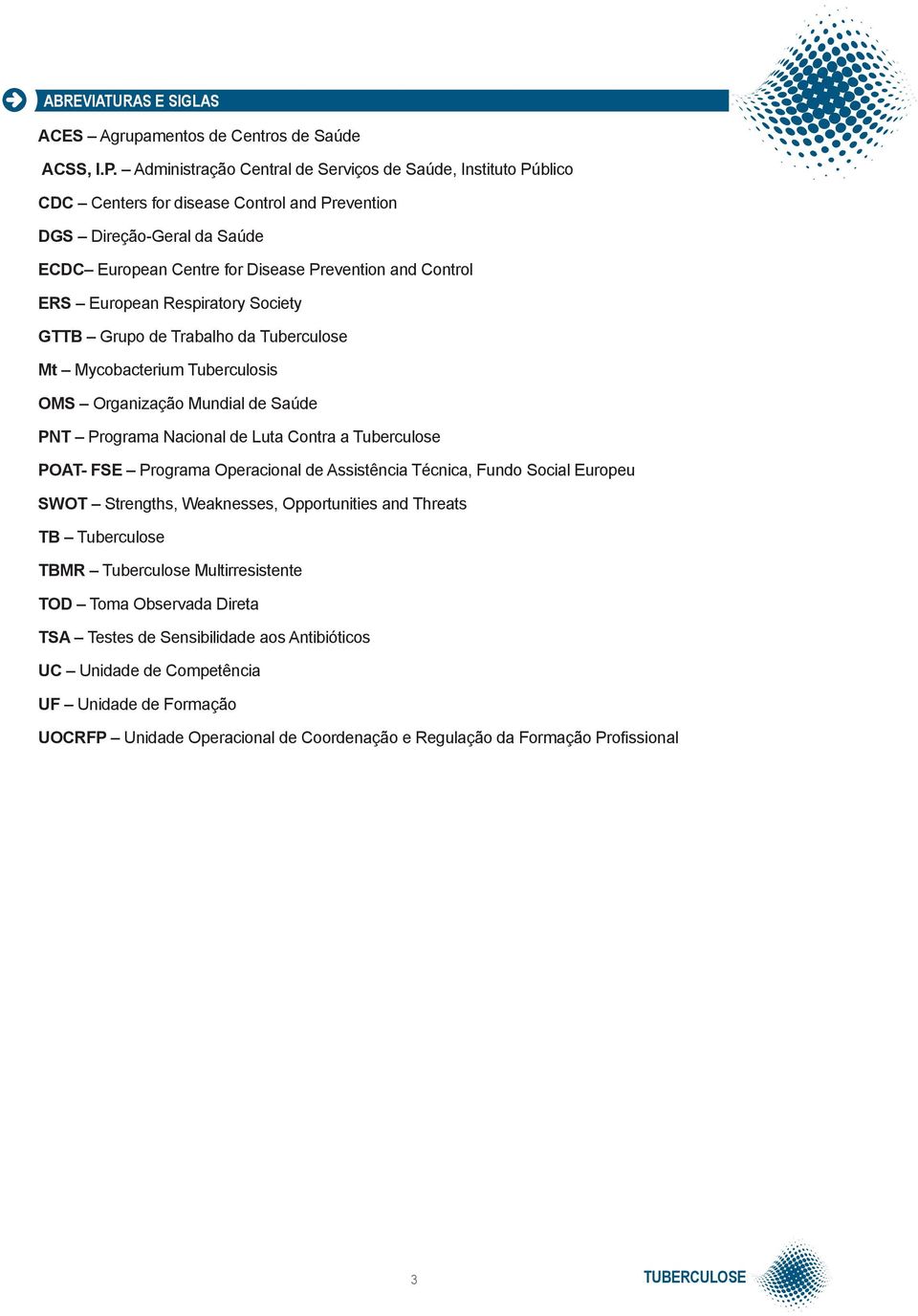 European Respiratory Society GTTB Grupo de Trabalho da Tuberculose Mt Mycobacterium Tuberculosis OMS Organização Mundial de Saúde PNT Programa Nacional de Luta Contra a Tuberculose POAT- FSE Programa