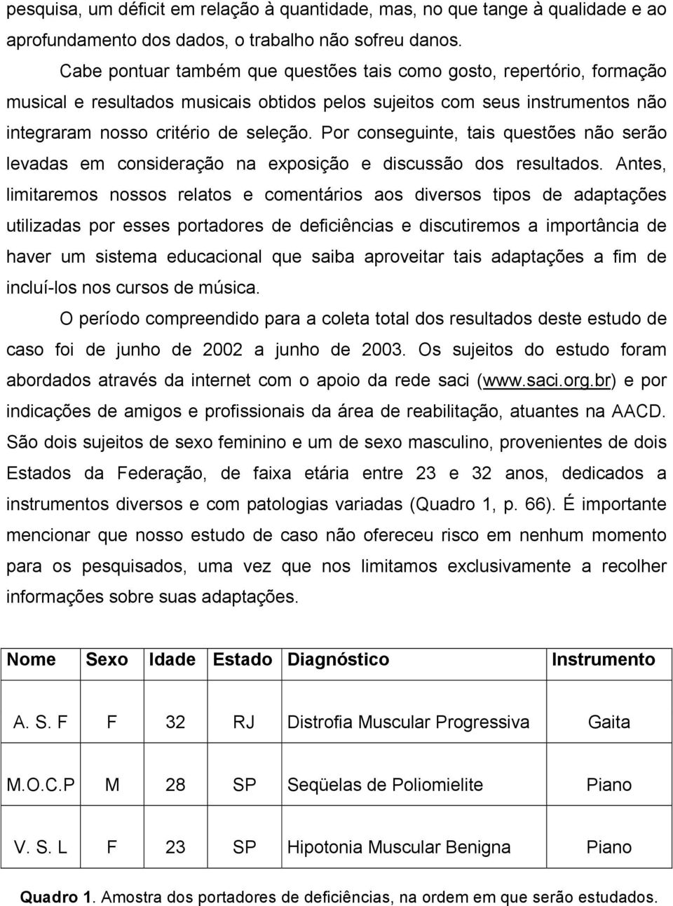 Por conseguinte, tais questões não serão levadas em consideração na exposição e discussão dos resultados.