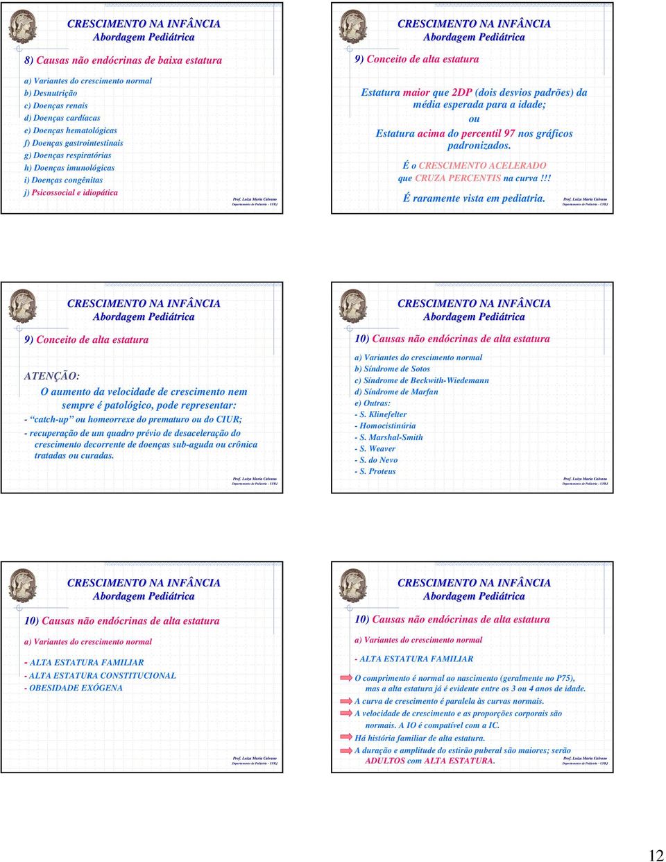 9) Conceito de alta estatura ATENÇÃO: O aumento da velocidade de crescimento nem sempre é patológico, pode representar: catchup ou homeorrexe do prematuro ou do CIUR; recuperação de um quadro prévio