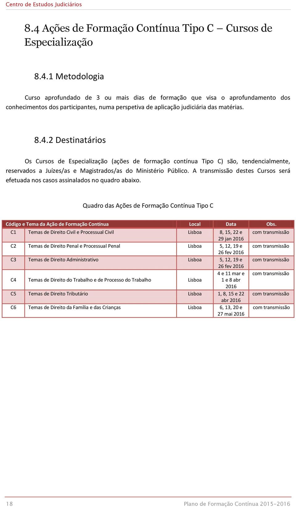 A transmissão destes Cursos será efetuada nos casos assinalados no quadro abaixo. Quadro das Ações de Formação Contínua Tipo C Código e Tema da Ação de Formação Contínua Local Data Obs.