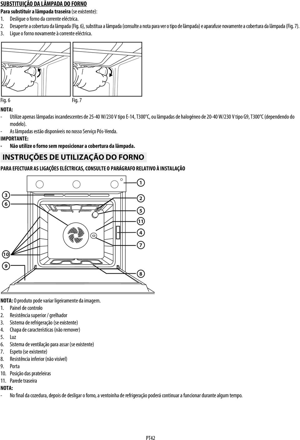 7 NOTA: - Utilize apenas lâmpadas incandescentes de 25-40 W/230 V tipo E-14, T300 C, ou lâmpadas de halogéneo de 20-40 W/230 V tipo G9, T300 C (dependendo do modelo).