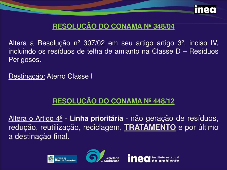 Destinação: Aterro Classe I RESOLUÇÃO DO CONAMA Nº 448/12 Altera o Artigo 4º - Linha