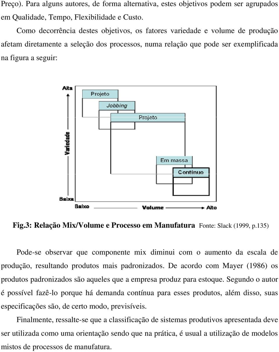 3: Relação Mix/Volume e Processo em Manufatura Fonte: Slack (1999, p.135) Pode-se observar que componente mix diminui com o aumento da escala de produção, resultando produtos mais padronizados.