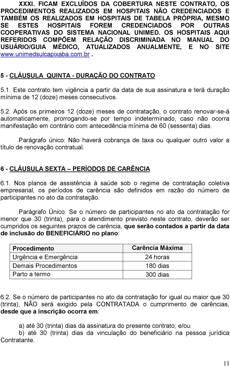 unimedsulcapixaba.com.br. 5 - CLÁUSULA QUINTA - DURAÇÃO DO CONTRATO 5.1. Este contrato tem vigência a partir da data de sua assinatura e terá duração mínima de 12 