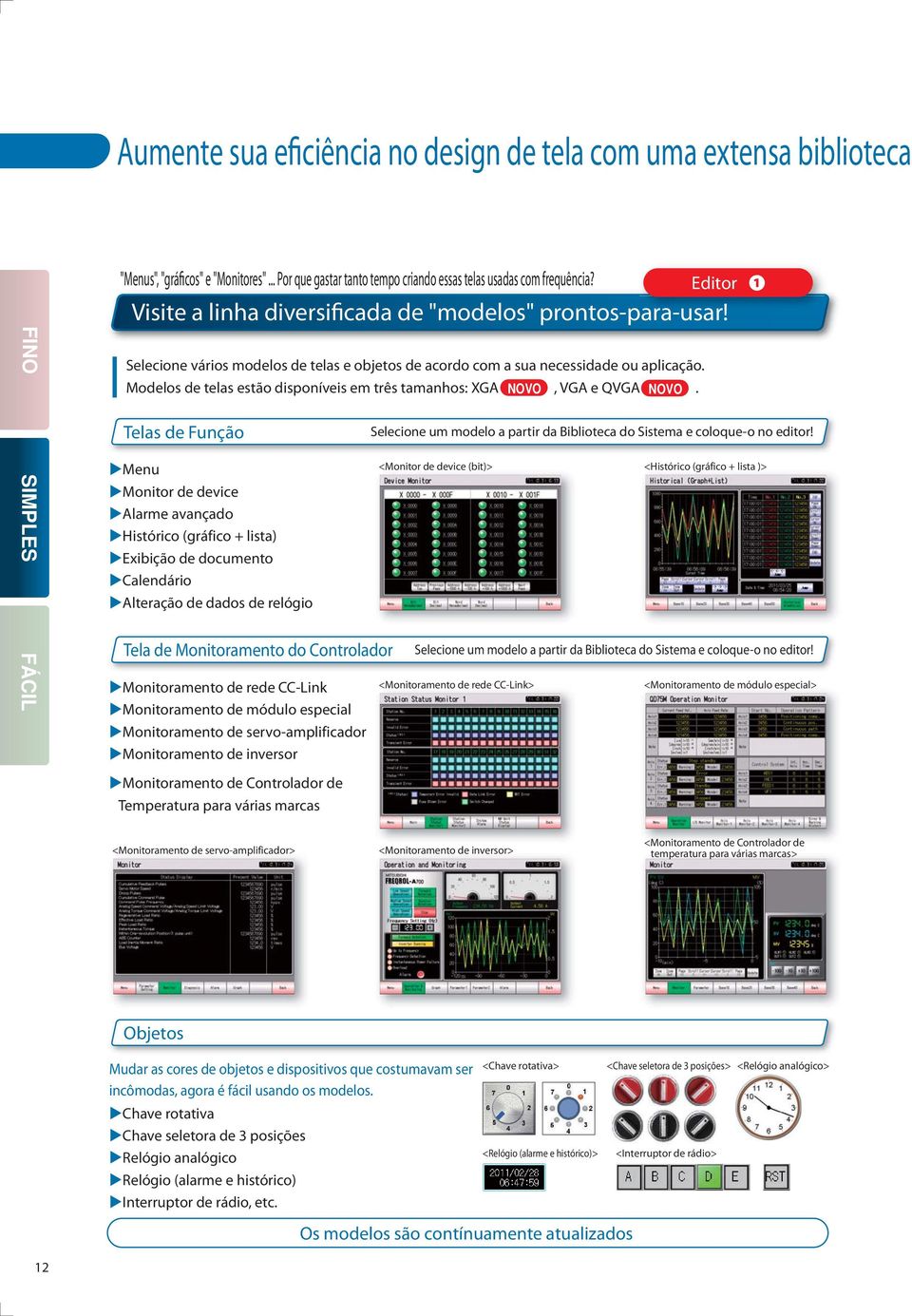 Menu Monitor de device Alarme avançado Histórico (gráfico + lista) Exibição de documento Calendário Alteração de dados de relógio Monitoramento de rede CC-Link Monitoramento de módulo especial