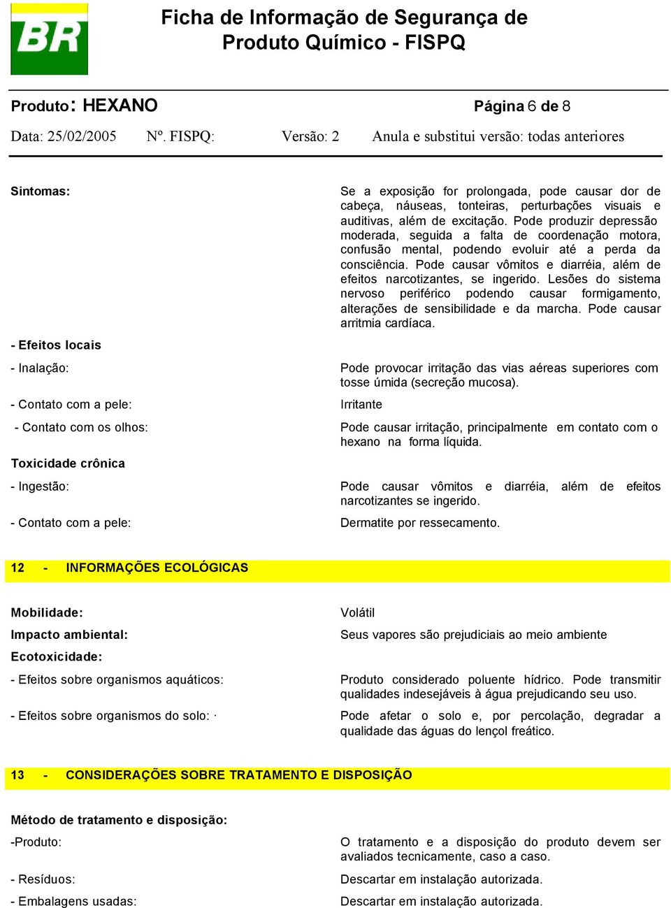 Pode causar vômitos e diarréia, além de efeitos narcotizantes, se ingerido. Lesões do sistema nervoso periférico podendo causar formigamento, alterações de sensibilidade e da marcha.