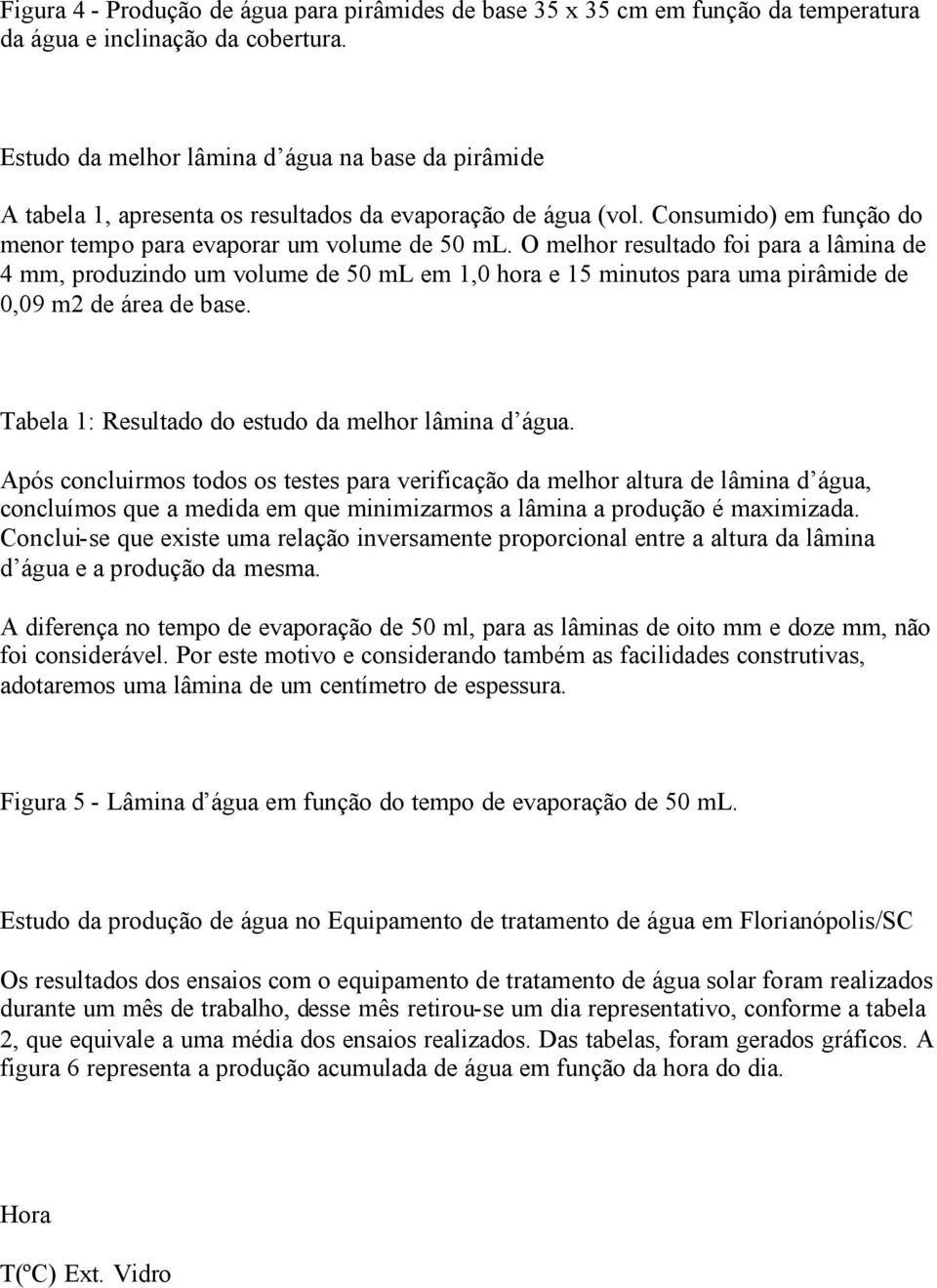 O melhor resultado foi para a lâmina de 4 mm, produzindo um volume de 50 ml em 1,0 hora e 15 minutos para uma pirâmide de 0,09 m2 de área de base.