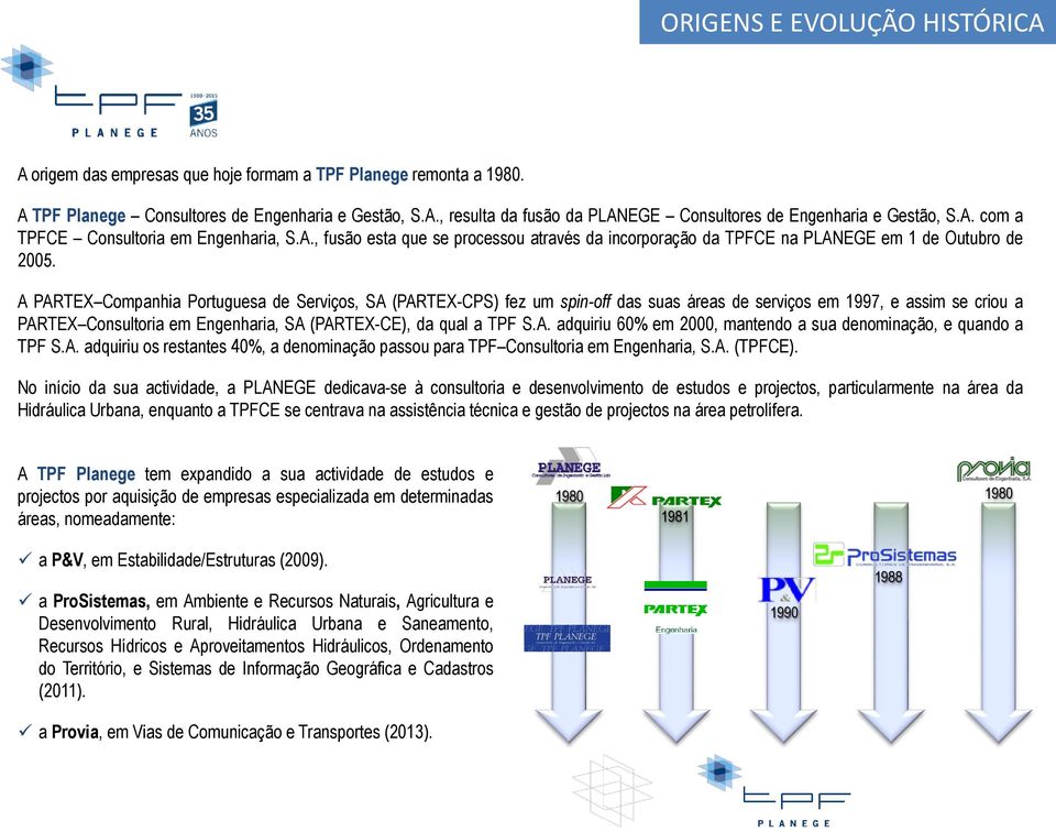 A PARTEX Companhia Portuguesa de Serviços, SA (PARTEX-CPS) fez um spin-off das suas áreas de serviços em 1997, e assim se criou a PARTEX Consultoria em Engenharia, SA (PARTEX-CE), da qual a TPF S.A. adquiriu 60% em 2000, mantendo a sua denominação, e quando a TPF S.