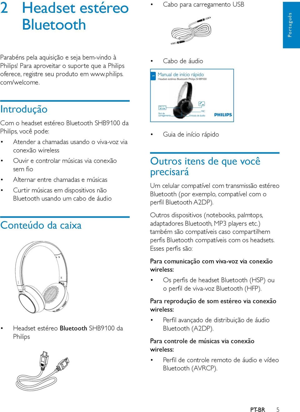 Cabo de áudio Introdução Com o headset estéreo Bluetooth SHB9100 da Philips, você pode: Atender a chamadas usando o viva-voz via conexão wireless Ouvir e controlar músicas via conexão sem fio