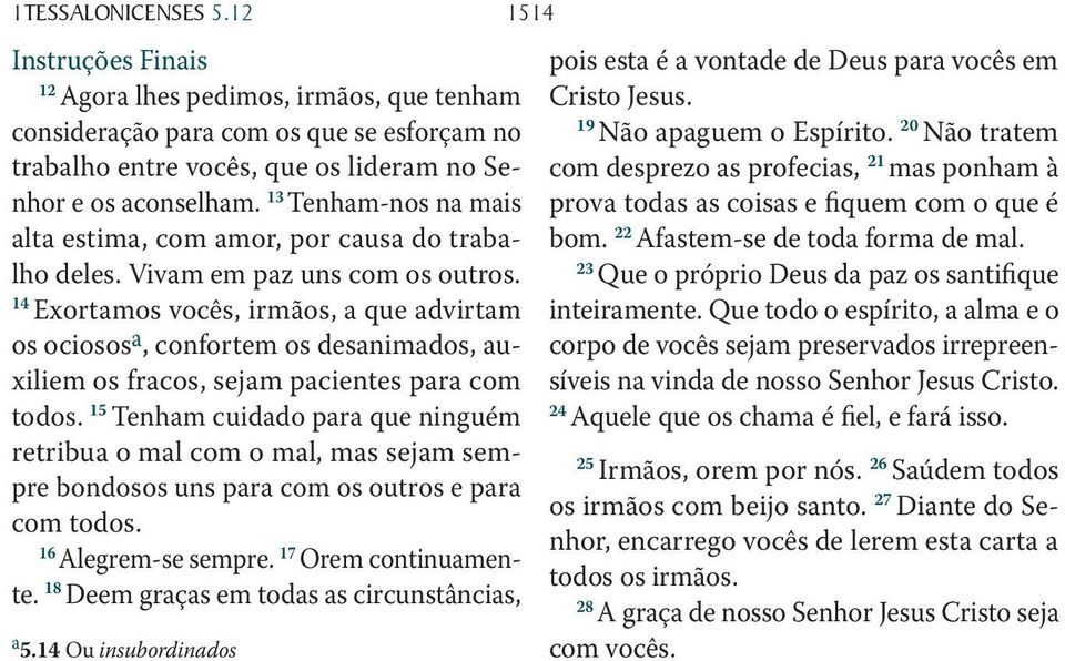 14 Exortamos vocês, irmãos, a que advirtam os ociosos a, confortem os desanimados, auxiliem os fracos, sejam pacientes para com todos.