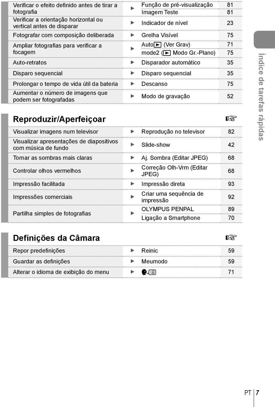 -Plano) 75 Auto-retratos Disparador automático 35 Disparo sequencial Disparo sequencial 35 Prolongar o tempo de vida útil da bateria Descanso 75 Aumentar o número de imagens que podem ser