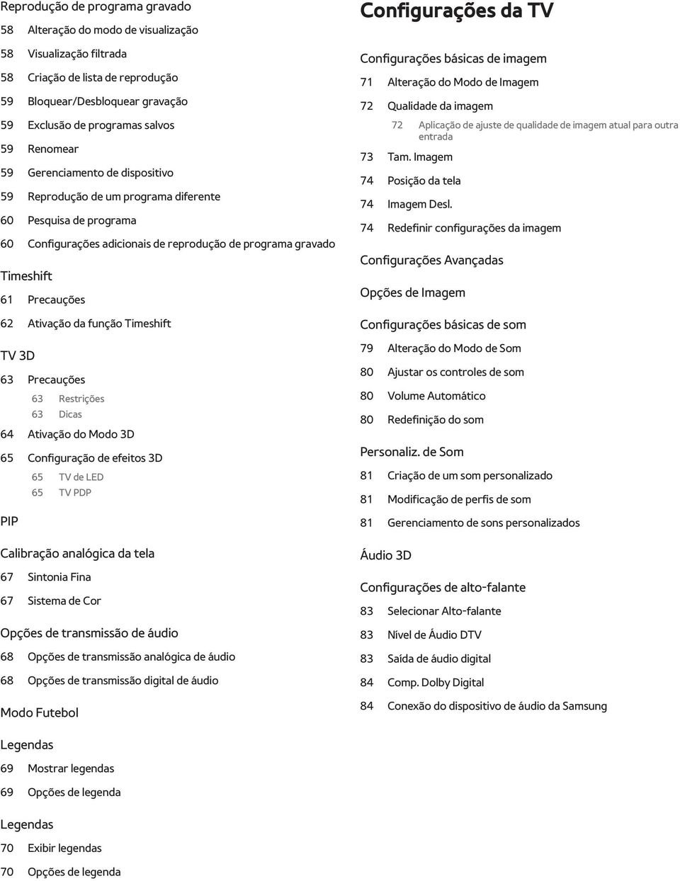 Ativação da função Timeshift TV 3D 63 Precauções 63 Restrições 63 Dicas 64 Ativação do Modo 3D 65 Configuração de efeitos 3D 65 TV de LED 65 TV PDP PIP Calibração analógica da tela 67 Sintonia Fina