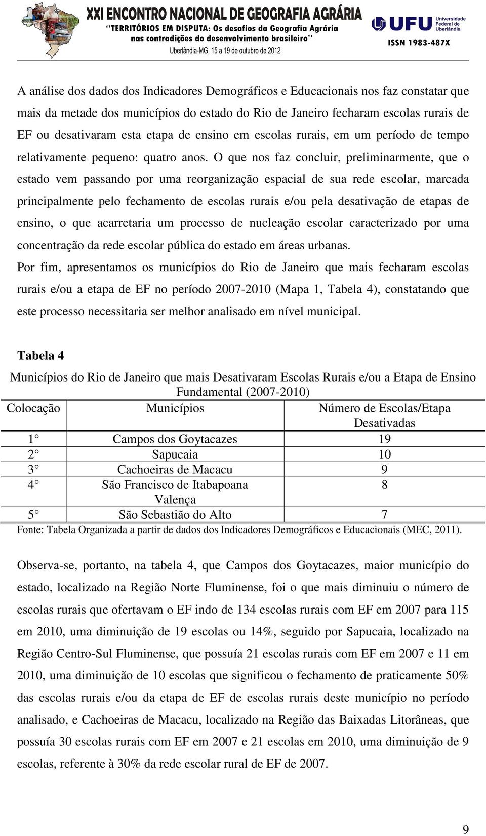 O que nos faz concluir, preliminarmente, que o estado vem passando por uma reorganização espacial de sua rede escolar, marcada principalmente pelo fechamento de escolas rurais e/ou pela desativação