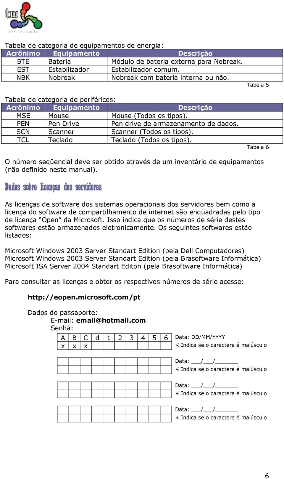 SCN Scanner Scanner (Todos os tipos). TCL Teclado Teclado (Todos os tipos). Tabela 5 Tabela 6 O número seqüencial deve ser obtido através de um inventário de equipamentos (não definido neste manual).