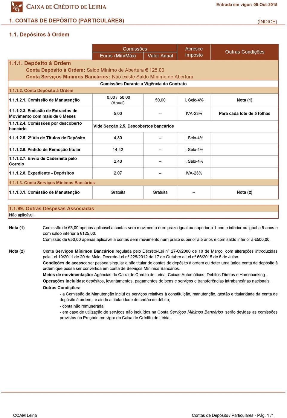 por descoberto bancário Durante a Vigência do Contrato 0,00 / 50,00 (Anual) 50,00 I. Selo-4% 5,00 IVA-23% Vide Secção 2.5. Descobertos bancários Outras Condições Para cada lote de 5 folhas 1.1.1.2.5. 2ª Via de Titulos de Depósito 1.